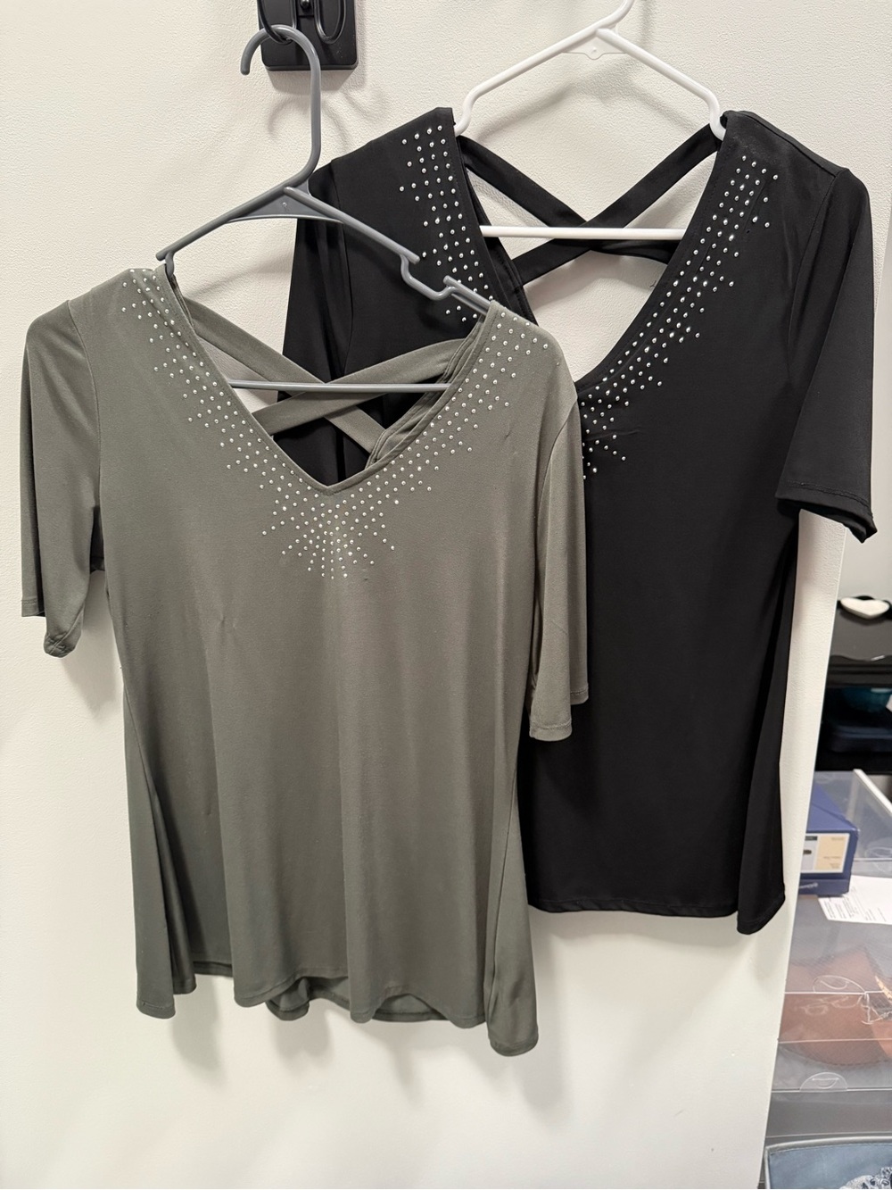 Short Sleeve V-Neck Crisscross Top with Rhinestone Detail - Black & Olive